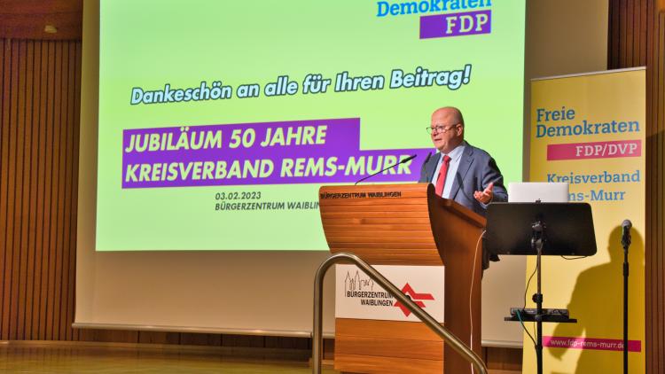 Unser Landesvorsitzender Michael Theurer MdB, Parl. Staatssekretär hielt die Festrede am 3.2.2023 im Waiblinger Bürgerzentrum. Foto: Kiessling